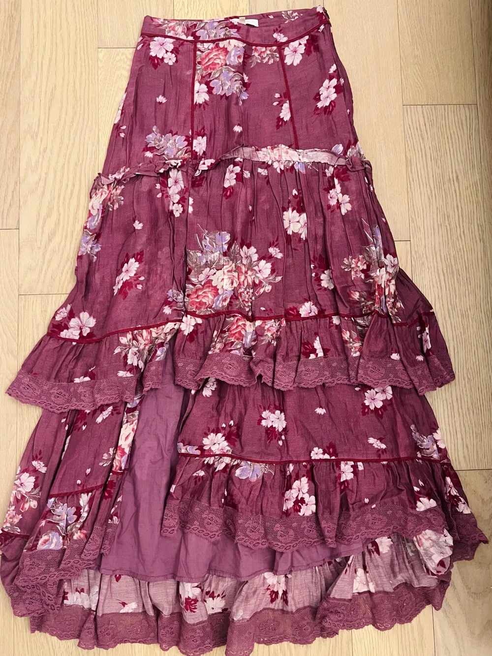 LoveShackFancy Floral Tiered Midi Skirt in Mauve